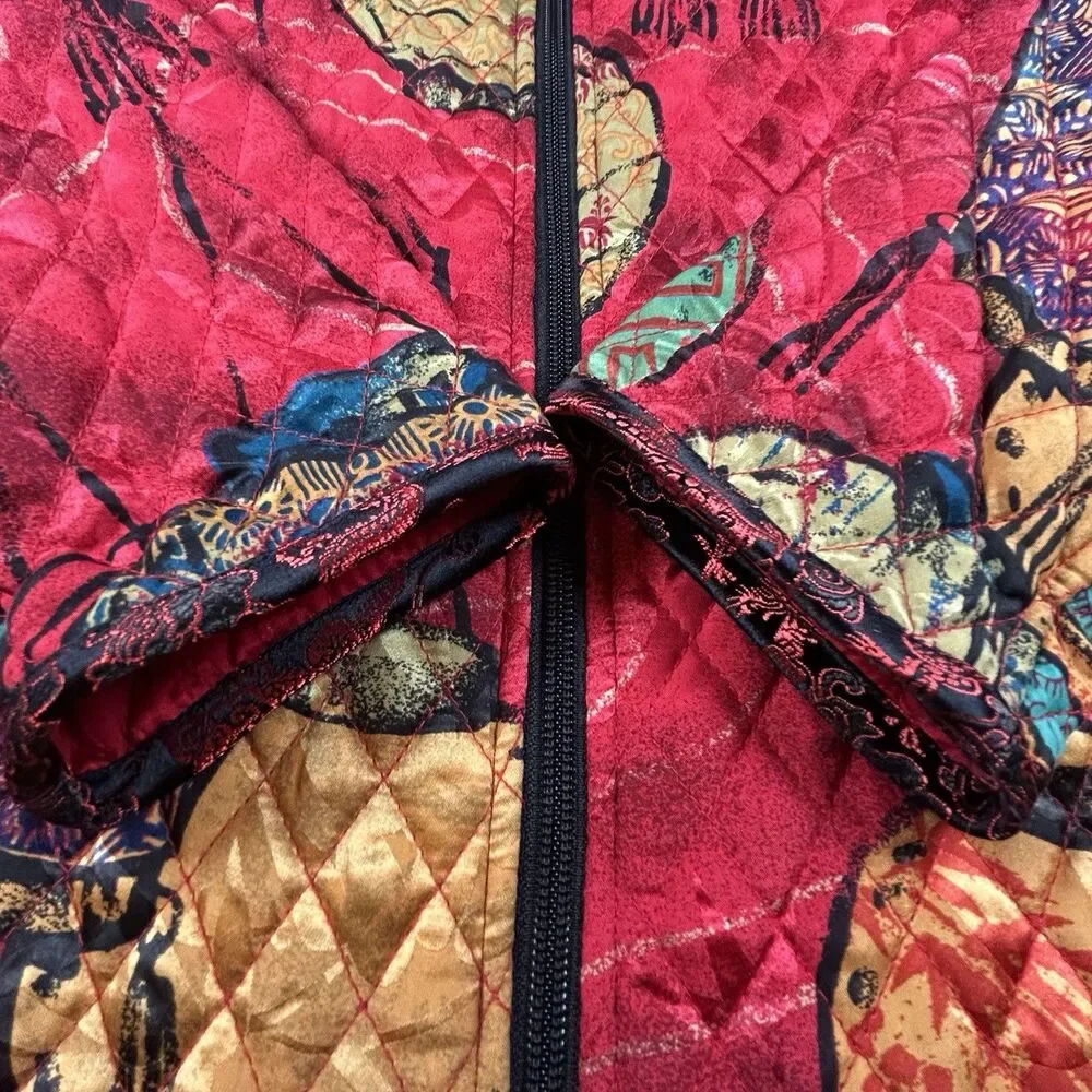 Chico's Silk Quilted Jacket Womens Sz 2 (L) Red Chinese Lantern Print Zip Front